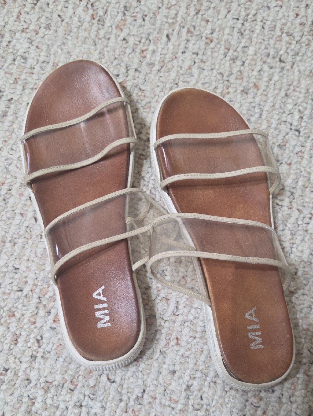 MIA Clear Triple-Strap Slide Sandals in Brown and Beige